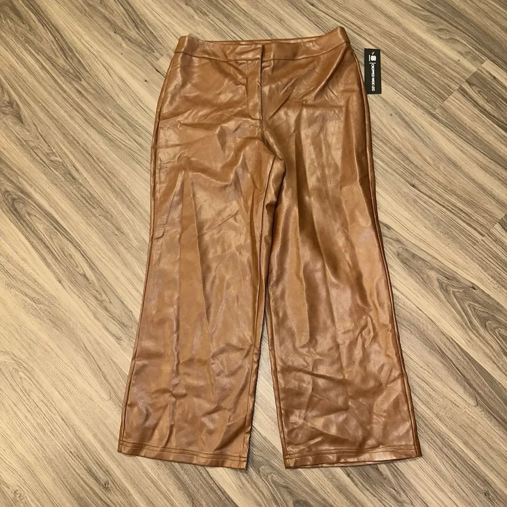 Bagatelle Womens Cognac Faux Leather Cropped Wide Leg Flare Pants Size‎ M